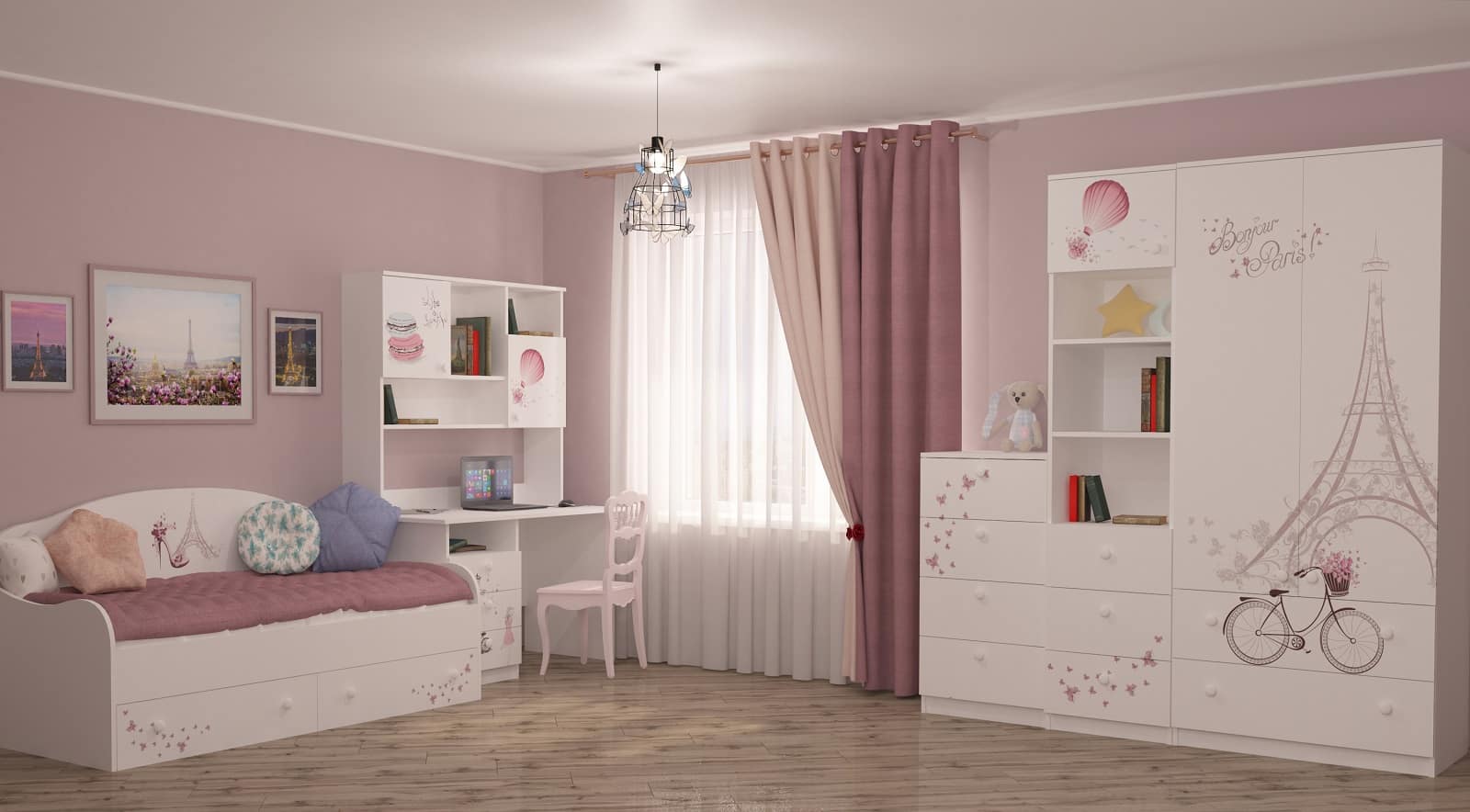 Daha İyi Çocuk Odaları Tasarlamak İçin 6 İpucu.  Soluk pembe duvarlar, zeminde muşamba ve beyaz tavan / mobilya ile sade dekorasyon